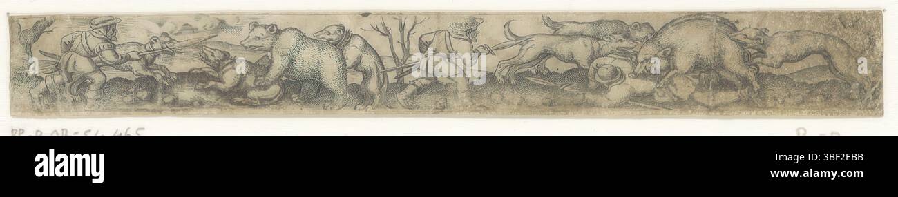 Nürnberg, Solis, Virgil, Berenjacht en Wild boarjacht, rückwärts - handgeschrieben in brauner Tinte, Druck, rückwärts - gestempelt, 34, Höhe 20 mm, Breite 169 mm, Deutsch, 1514 - 1562-08-01, Drucker, 1524 - 1562, Papier, Gravur, Gravur (Druckverfahren), Tellerton“ Stockfoto
