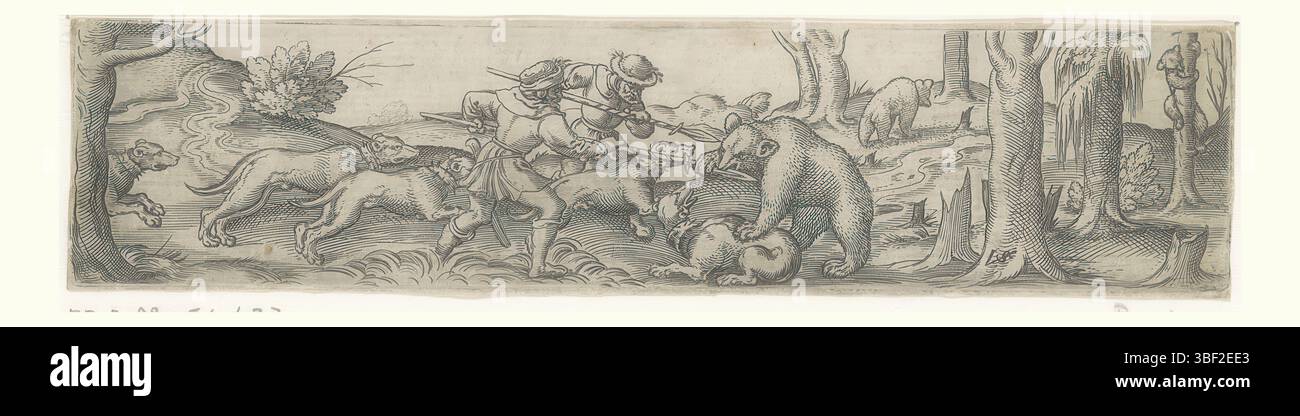 Nürnberg, Solis, Virgil, Berenjacht mit einem Baum, der in einen Baum klettert, rückwärts - handgeschrieben in brauner Tinte, Druck, rückwärts - gestempelt, 34, Höhe 38 mm, Breite 165 mm, Deutsch, 1514 - 1562-08-01, Drucker, 1524 - 1562, Papier, Gravieren, Gravieren (Druckverfahren), Ätzen, Tellerton“ Stockfoto