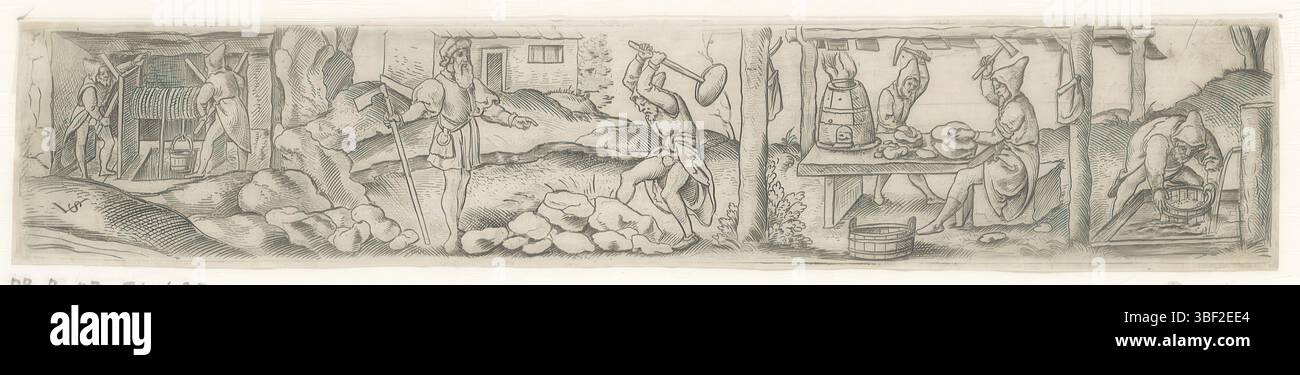 Nürnberg, Solis, Virgil, Bergleute, Verso - handgeschrieben in brauner Tinte, Druck, Verso - gestempelt, 37, a., Höhe 32 mm, Breite 169 mm, Deutsch, 1514 - 1562-08-01, Drucker, 1524 - 1562, Papier, Gravur, Gravur (Druckverfahren), Tellerton Stockfoto