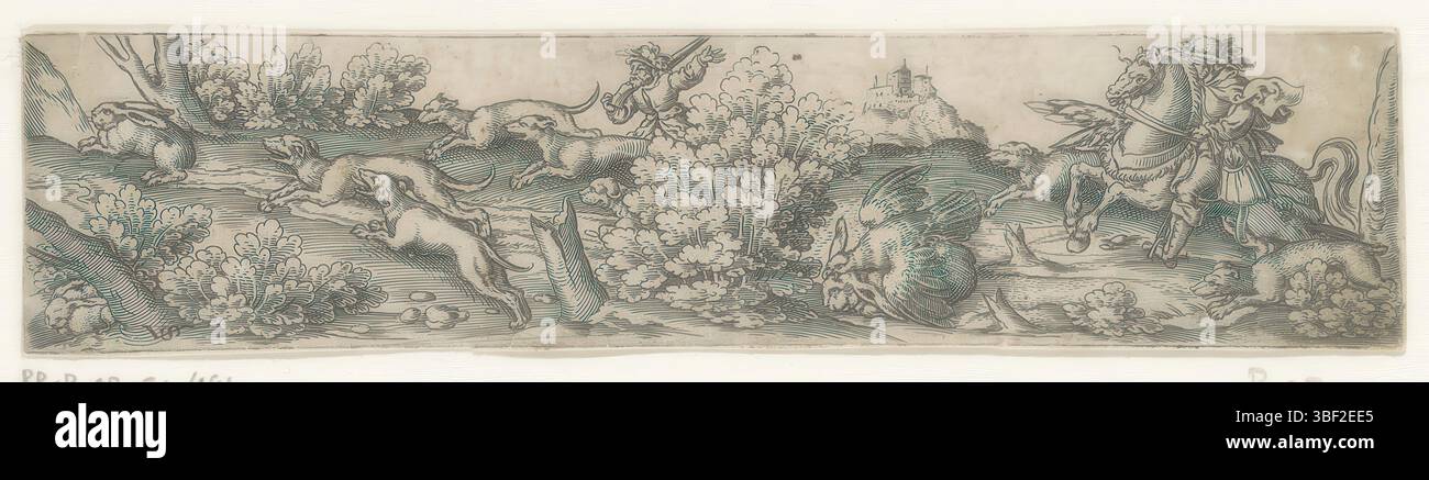 Nürnberg, Solis, Virgil, Hazenhunt mit Hunden und einem Falken, rückwärts - handgeschrieben in brauner Tinte, Druck, rückwärts - gestempelt, 28, Höhe 38 mm, Breite 168 mm, Deutsch, 1514 - 1562-08-01, Drucker, 1524 - 1562, Papier, Gravieren, Gravieren (Druckverfahren), Ätzen, Tellerton“ Stockfoto