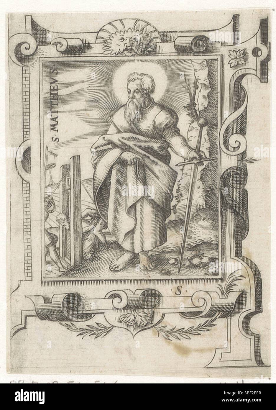 Nürnberg, Solis, Virgil, Heiliger Matthäus im Rollengestell, verso - handgeschrieben in brauner Tinte, Druck, verso - gestempelt, 87, Höhe 78 mm, Breite 55 mm, Deutsch, 1514 - 1562-08-01, Drucker, 1568 - 1568, Papier, Gravur, Druckprozess, Tellerton Stockfoto