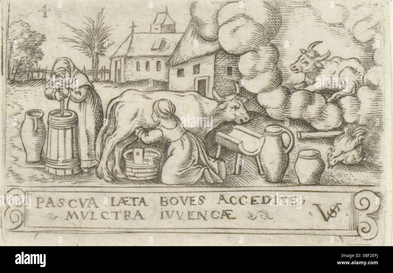 Nürnberg, Solis, Virgilius, die zwölf Monate mit Tierkreiszeichen, April, verso - handgeschrieben in brauner Tinte, nummeriert oben links: 4., Druck, rückseitig - gestempelt, 57, Höhe 41 mm, Breite 62 mm, Deutsch, 1514 - 1562-08-01, Drucker, 1524 - 1562, Papier, Gravieren, Gravieren (Druckverfahren), Ätzen, Tellerton Stockfoto