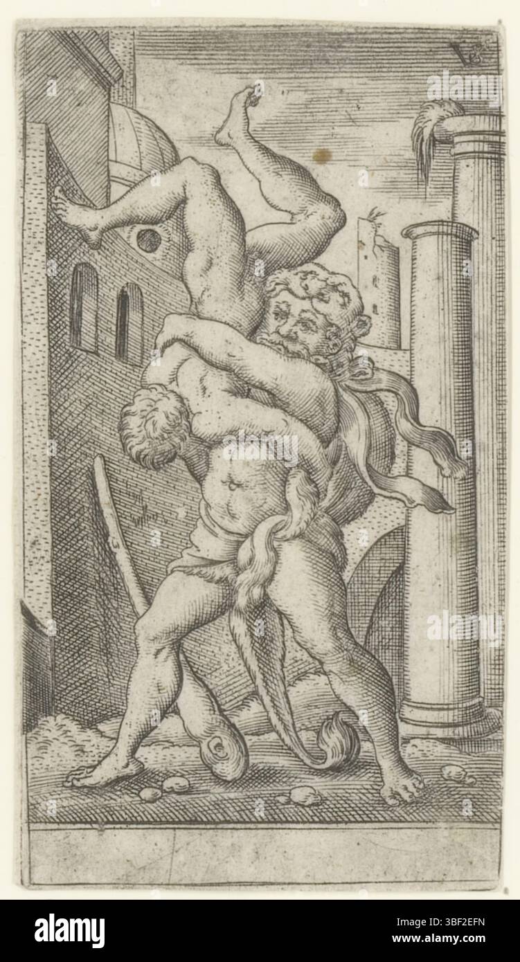 Nürnberg, Solis, Vergil, Szenen aus dem Leben des Herkules, Herkules kämpft mit Antaeus, rückwärts - handgeschrieben in brauner Tinte, Druck, rückwärts - gestempelt, 65, Höhe 88 mm, Breite 50 mm, Deutsch, 1514 - 1562-08-01, Drucker, 1524 - 1562, Papier, Gravieren, Gravieren (Druckverfahren), Ätzen, Tellerton Stockfoto