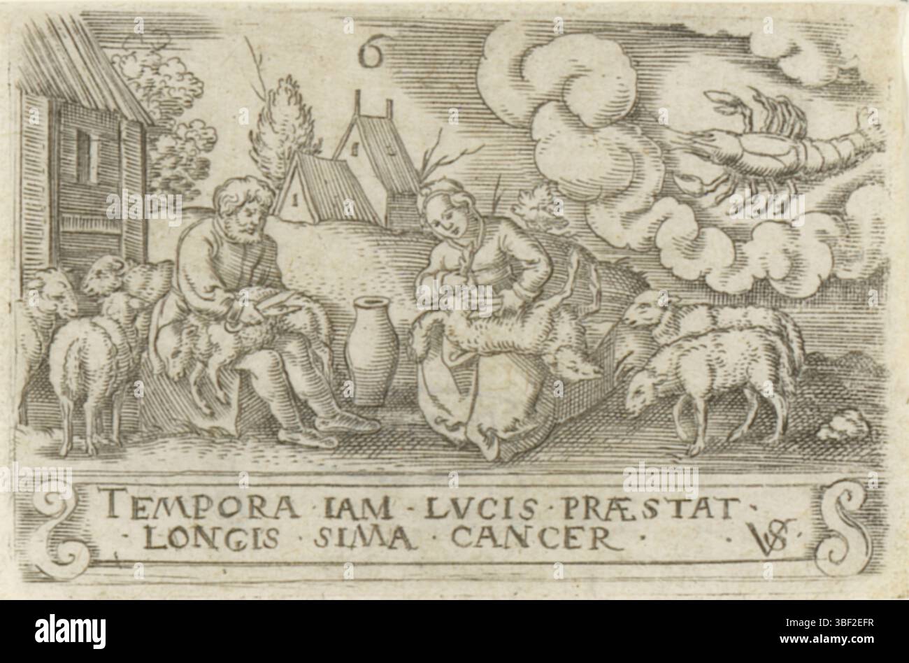 Nürnberg, Solis, Virgil, die zwölf Monate mit Tierkreiszeichen, Juni, rückwärts - handgeschrieben in brauner Tinte, nummeriert Mitte oben: 6., Druck, rückseitig - gestempelt, 57, Höhe 40 mm, Breite 61 mm, Deutsch, 1514 - 1562-08-01, Drucker, 1524 - 1562, Papier, Gravieren, Gravieren (Druckverfahren), Ätzen, Tellerton Stockfoto
