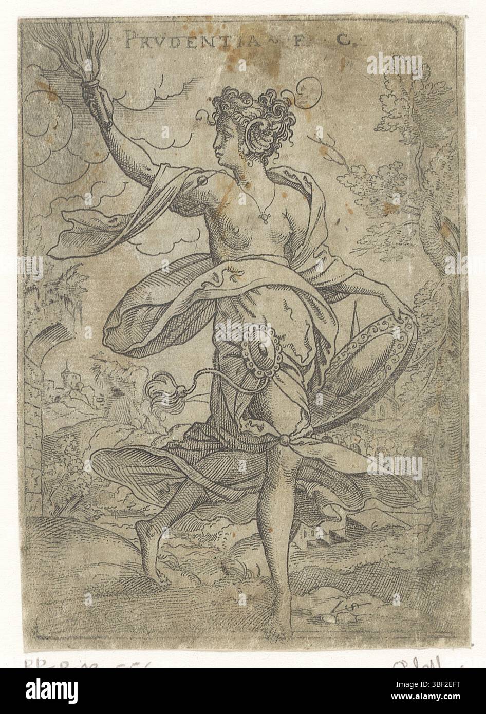 Nürnberg, Solis, Virgilius, Prudentia, Vorsicht, rückseitig - handgeschrieben in brauner Tinte, oben rechts neben dem Titel: F.C., Druck, rückseitig - gestempelt, 107, Höhe 103 mm, Breite 74 mm, Deutsch, 1514 - 1562-08-01, Drucker, 1524 - 1562, Papier, Gravieren, Gravieren (Druckverfahren), Ätzen, Tellerton“ Stockfoto