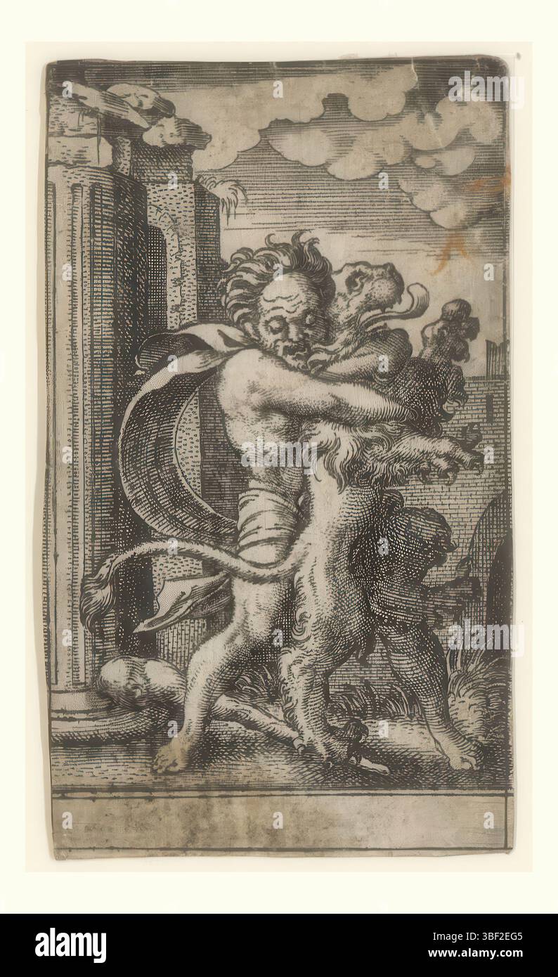 Nürnberg, Solis, Vergil, Szenen aus dem Leben des Herkules, Herkules und des Nemeischen Löwen, verso - handgeschrieben in brauner Tinte, Druck, verso - gestempelt, 65, Höhe 87 mm, Breite 51 mm, Deutsch, 1514 - 1562-08-01, Drucker, 1524 - 1562, Papier, Gravieren, Gravieren (Druckverfahren), Ätzen, Tellerton Stockfoto