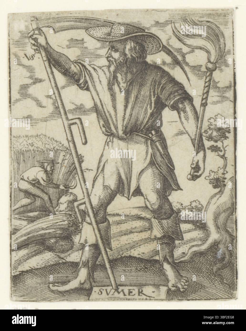 Nürnberg, Solis, Virgil, die vier Jahreszeiten, Sumer, Sommer, rückseitig - handgeschrieben in brauner Tinte, Druck, rückseitig - gestempelt, 9, Höhe 61 mm, Breite 48 mm, Deutsch, 1514 - 1562-08-01, Drucker, 1524 - 1562, Papier, Gravieren, Gravieren (Druckverfahren), Ätzen, Tellerton Stockfoto