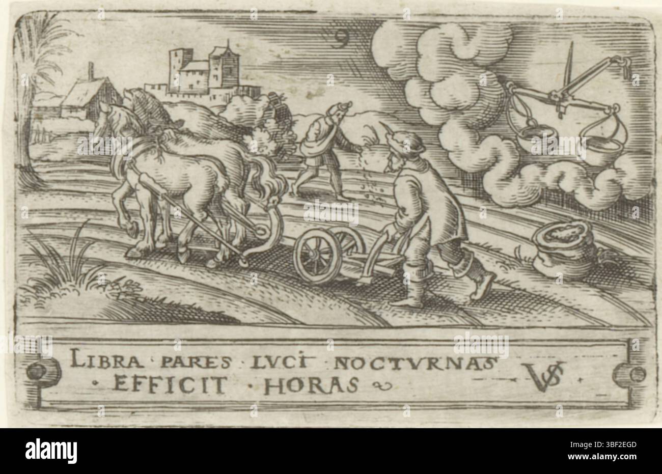 Nürnberg, Solis, Virgil, die zwölf Monate mit Tierkreiszeichen, September, verso - handgeschrieben in brauner Tinte, nummeriert Mitte oben: 9., Druck, rückseitig - gestempelt, 57, Höhe 40 mm, Breite 62 mm, Deutsch, 1514 - 1562-08-01, Drucker, 1524 - 1562, Papier, Gravieren, Gravieren (Druckverfahren), Ätzen, Tellerton Stockfoto