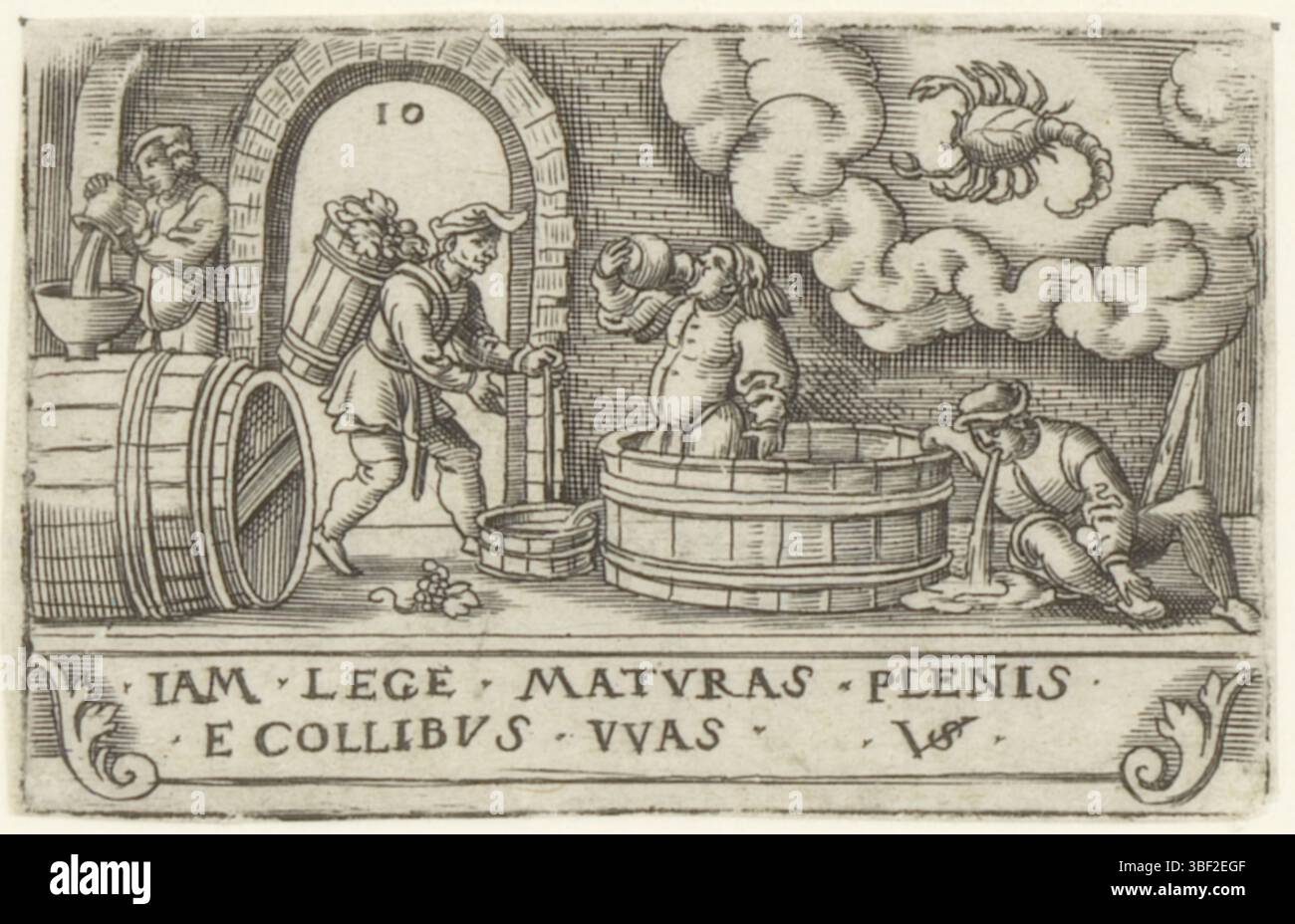 Nürnberg, Solis, Virgil, die zwölf Monate mit Tierkreiszeichen, Oktober, rückwärts - handgeschrieben in brauner Tinte, nummeriert oben links: 10., Druck, rückwärts - gestempelt, 57, Höhe 40 mm, Breite 63 mm, Deutsch, 1514 - 1562-08-01, Drucker, 1524 - 1562, Papier, Gravieren, Gravieren (Druckverfahren), Ätzen, Tellerton Stockfoto