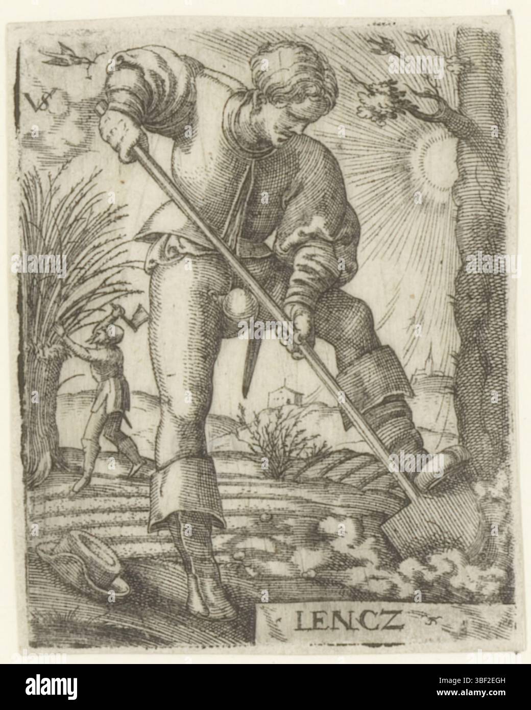 Nürnberg, Solis, Virgil, die vier Jahreszeiten, Lencz, Feder, rückseitig - handgeschrieben in brauner Tinte, Druck, rückseitig - geprägt, 139, Höhe 60 mm, Breite 47 mm, Deutsch, 1514 - 1562-08-01, Drucker, 1524 - 1562, Papier, Gravieren, Gravieren (Druckverfahren), Ätzen, Tellerton Stockfoto