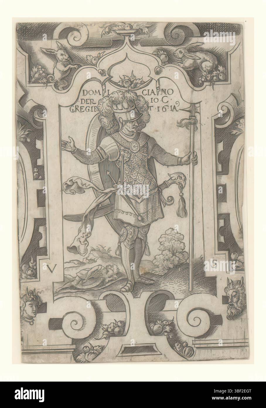 Nürnberg, Solis, Virgilius, Kaiser Domitian im Rollenrahmen, rückwärts - handgeschrieben in brauner Tinte, Druck, rückwärts - gestempelt, 21.2. - 125, Höhe 83 mm, Breite 57 mm, Deutsch, 1514 - 1562-08-01, Druckerei, 1524 - 1562, Papier, Gravur, Druckverfahren, Ätzen, Tellerton“ Stockfoto