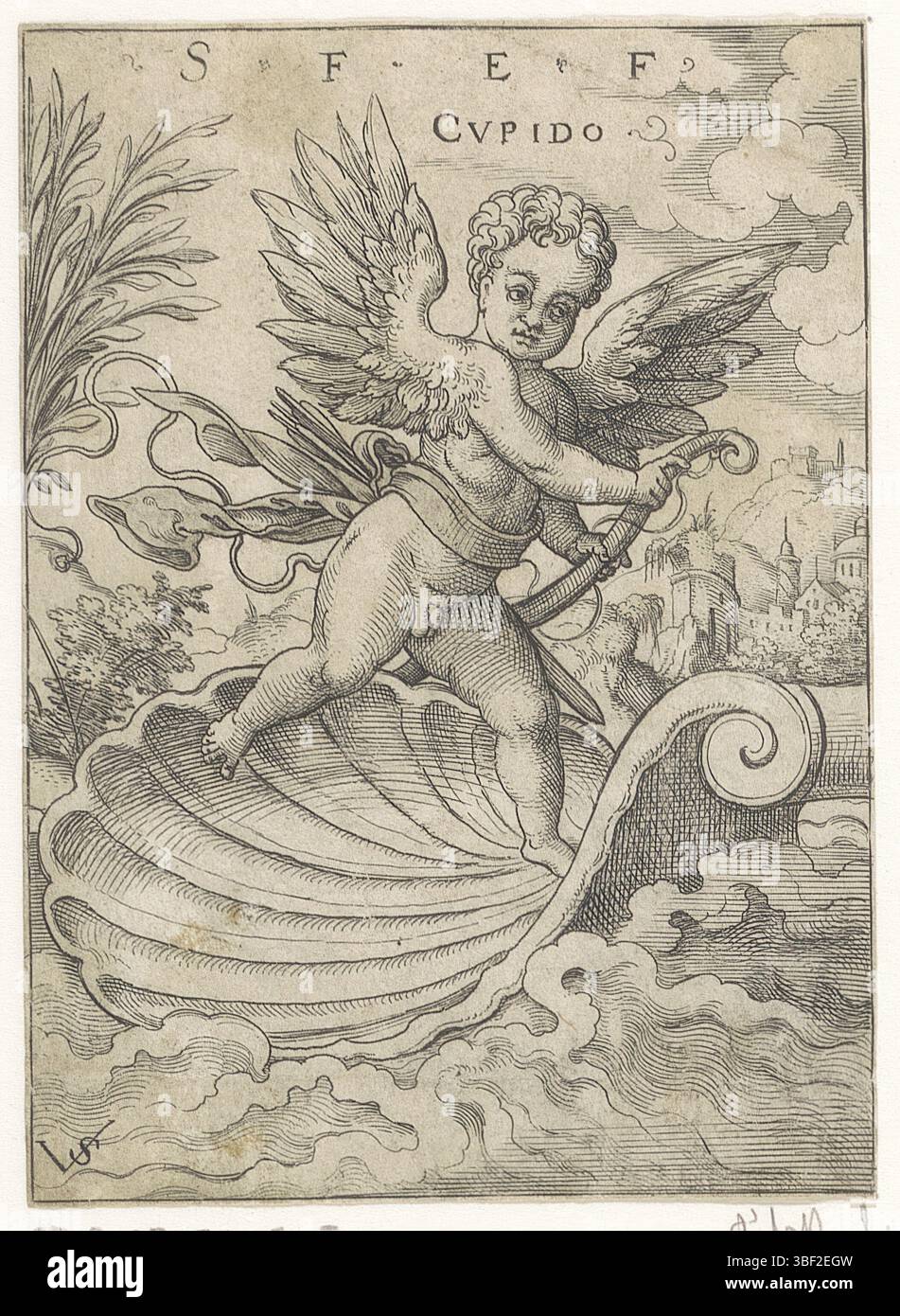 Nürnberg, Solis, Virgil, Cupid, Amor auf See, rückseitig - handgeschrieben in brauner Tinte, Druck, rückseitig - gestempelt, 114, Höhe 98 mm, Breite 71 mm, Deutsch, 1514 - 1562-08-01, Drucker, 1524 - 1562, Papier, Gravieren, Gravieren (Druckverfahren), Ätzen, Tellerton“ Stockfoto