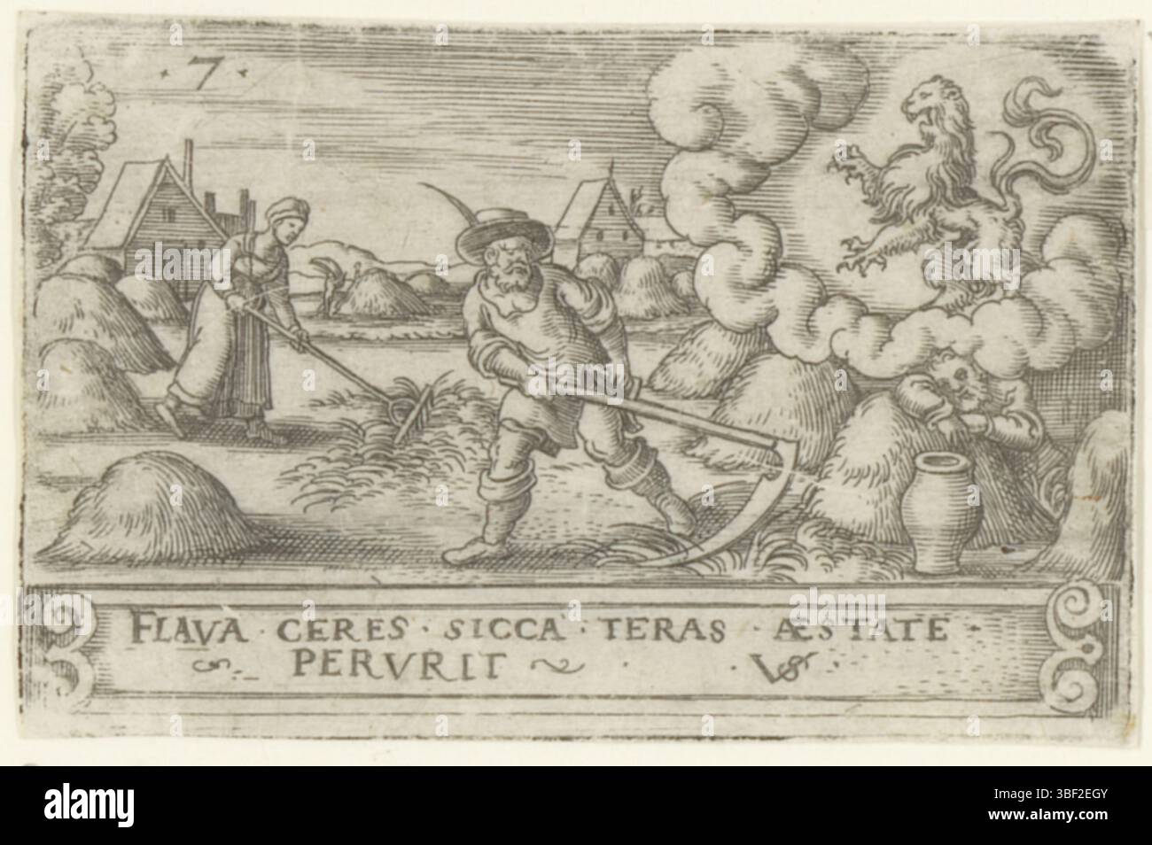 Nürnberg, Solis, Virgilius, die zwölf Monate mit Tierkreiszeichen, Juli, rückwärts - handgeschrieben in brauner Tinte, nummeriert oben links: 7., Druck, rückwärts - gestempelt, 57, Höhe 40 mm, Breite 62 mm, Deutsch, 1514 - 1562-08-01, Drucker, 1524 - 1562, Papier, Gravieren, Gravieren (Druckverfahren), Ätzen, Tellerton Stockfoto