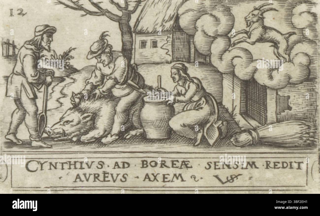 Nürnberg, Solis, Virgil, die zwölf Monate mit Tierkreiszeichen, Dezember, rückwärts - handgeschrieben in brauner Tinte, nummeriert oben links: 12., Druck, rückwärts - gestempelt, 57, Höhe 40 mm, Breite 63 mm, Deutsch, 1514 - 1562-08-01, Drucker, 1524 - 1562, Papier, Gravieren, Gravieren (Druckverfahren), Ätzen, Tellerton Stockfoto