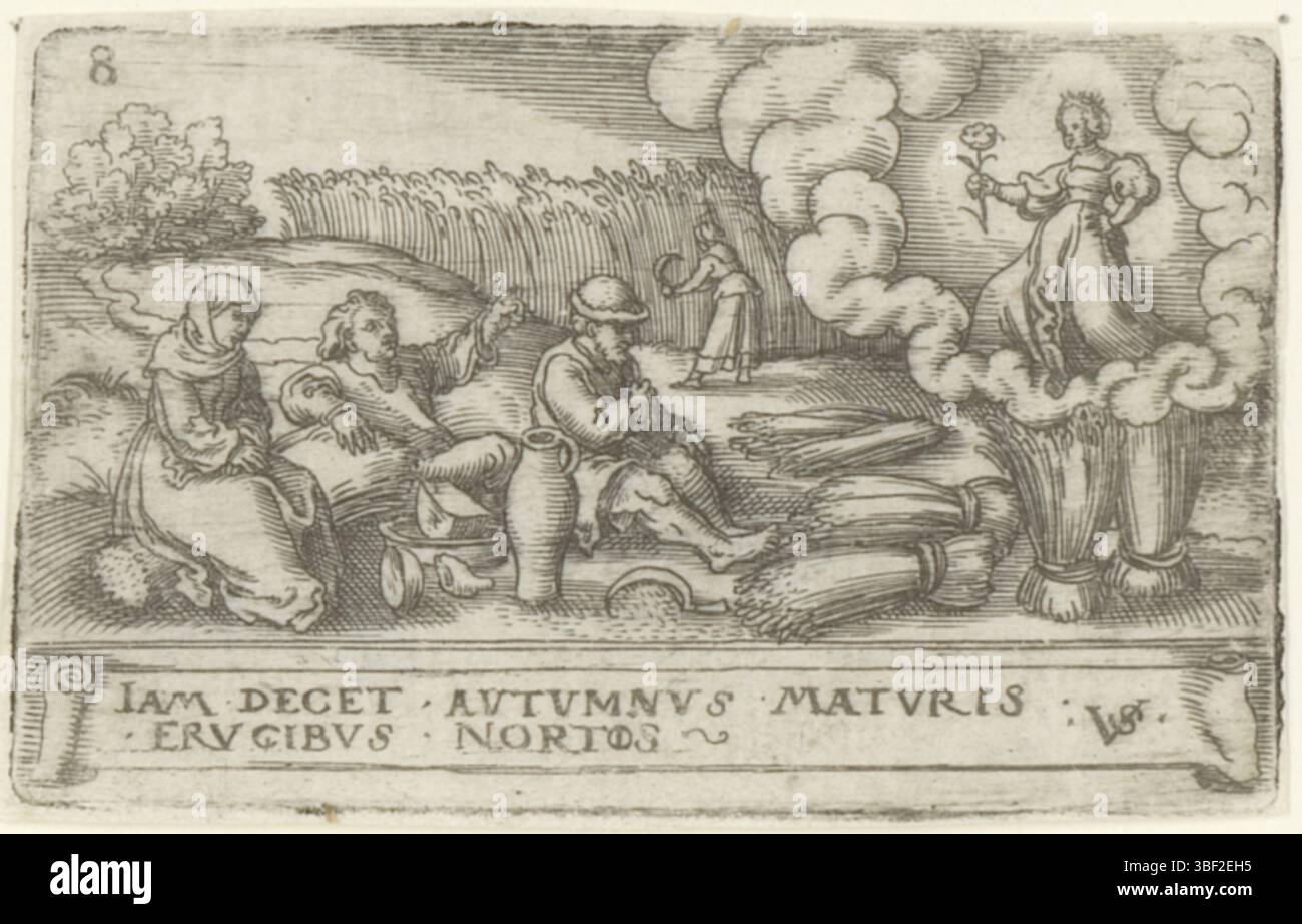 Nürnberg, Solis, Virgilius, die zwölf Monate mit Tierkreiszeichen, Augustus, verso - handgeschrieben in brauner Tinte, nummeriert oben links: 1., Druck, rückseitig - gestempelt, 57, Höhe 39 mm, Breite 63 mm, Deutsch, 1514 - 1562-08-01, Drucker, 1524 - 1562, Papier, Gravur, Gravur (Druckprozess), Ätzen, Bogenton Stockfoto