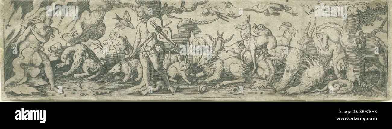 Nürnberg, Solis, Virgilius, Orpheus und Eurydice, verso - handgeschrieben in brauner Tinte, Druck, rückseitig - gestempelt, 38, Höhe 46 mm, Breite 178 mm, Deutsch, 1514 - 1562-08-01, Drucker, 1524 - 1562, Papier, Gravieren, Druckverfahren, Ätzen, Tellerton“ Stockfoto