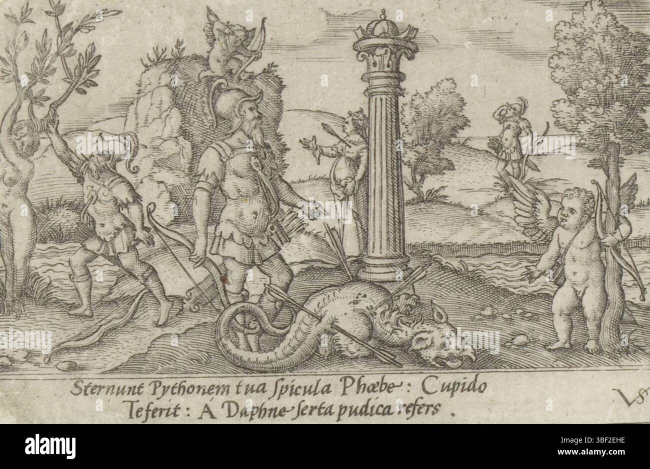 Nürnberg, Solis, Vergil, mythologische Szenen, Apollo tötet den Drachen Python und die Metamorphose von Daphne, verso - handgeschrieben in brauner Tinte, Druck, verso - gestempelt, 67, Höhe 61 mm, Breite 92 mm, Deutsch, 1514 - 1562-08-01, Druckmaschine, 1524 - 1562, Papier, Gravieren, Gravieren (Druckverfahren), Ätzen, Tellerton Stockfoto