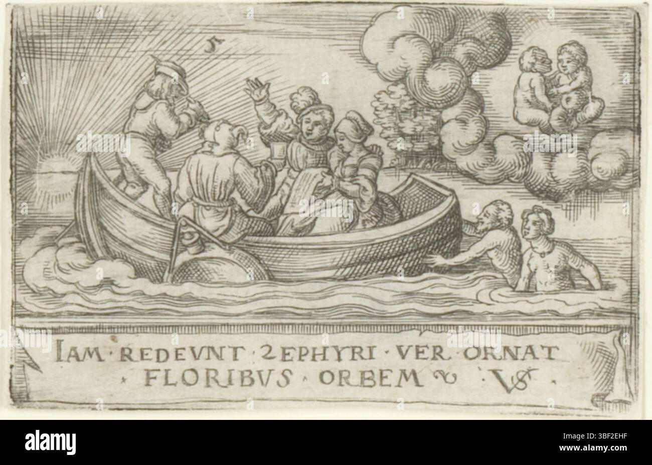 Nürnberg, Solis, Virgil, die zwölf Monate mit Tierkreiszeichen, Mai, verso - handgeschrieben in brauner Tinte, nummeriert oben: 5., Druck, rückseitig - gestempelt, 57, Höhe 41 mm, Breite 62 mm, Deutsch, 1514 - 1562-08-01, Druckmaschine, 1524 - 1562, Papier, Gravieren, Gravieren (Druckverfahren), Ätzen, Tellerton Stockfoto