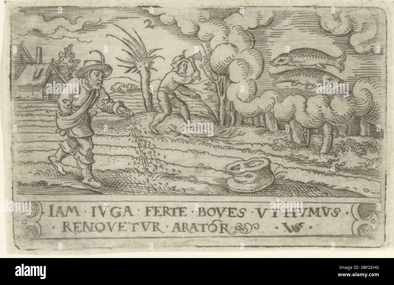 Nürnberg, Solis, Virgilius, Februar, Verso - handgeschrieben in brauner Tinte, nummeriert Mitte oben: 2., Druck, rückseitig - gestempelt, 57, Höhe 40 mm, Breite 62 mm, Printmaker, 1524 - 1612, Papier, Gravur, Gravur (Druckverfahren), Ätzen, Bogenton, Arbeitskonzept, Deutsch, 1514 - 01.08.1562 Stockfoto