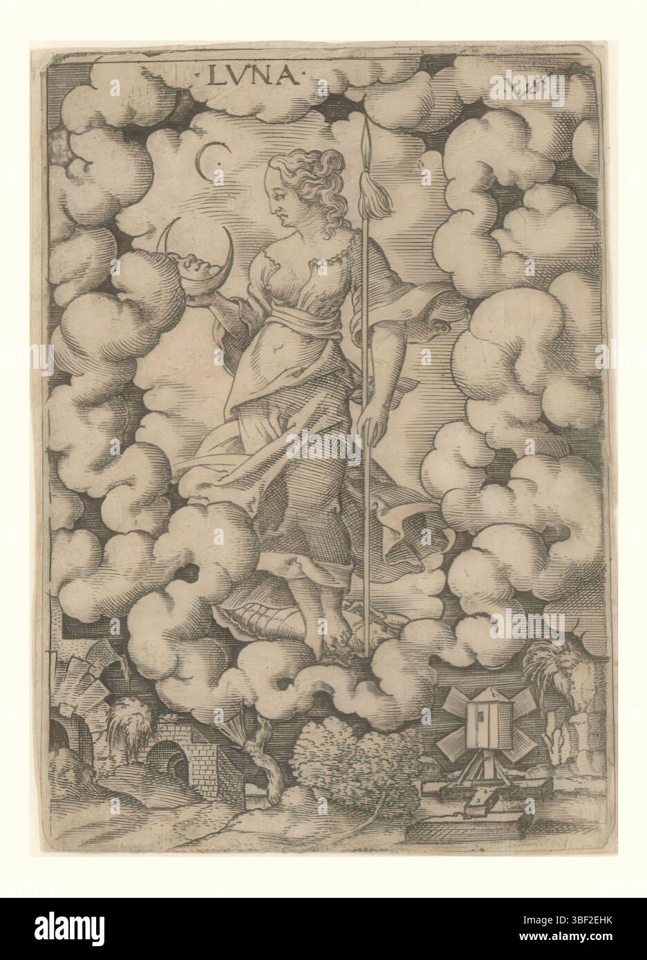 Nürnberg, Solis, Vergil, Personifizierungen der sieben Planeten umgeben von Wolken, Luna, verso - handgeschrieben in brauner Tinte, Druck, verso - gestempelt, 56, Höhe 82 mm, Breite 58 mm, Deutsch, 1514 - 1562-08-01, Drucker, 1524 - 1562, Papier, Gravieren, Gravieren (Druckverfahren), Ätzen, Tellerton Stockfoto