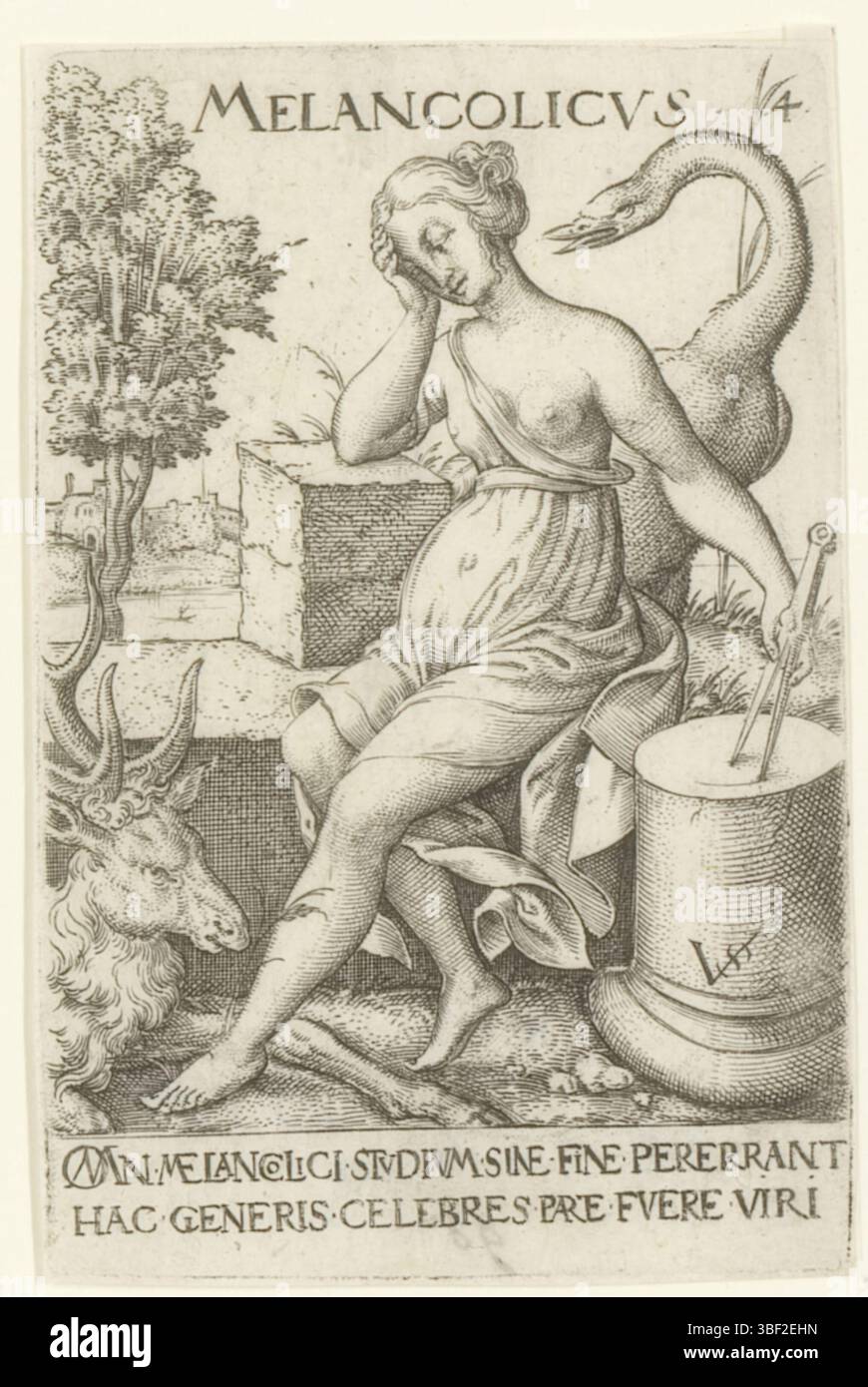Nürnberg, Solis, Virgil, Personifizierungen der Temperamente, Melancolicus, melancholisches Temperament, verso - handgeschrieben in brauner Tinte, Druck, verso - geprägt, 98, Höhe 81 mm, Breite 53 mm, Deutsch, 1514 - 1562-08-01, Drucker, 1524 - 1562, Papier, Gravur, Gravur (Druckprozess), Tellerton Stockfoto