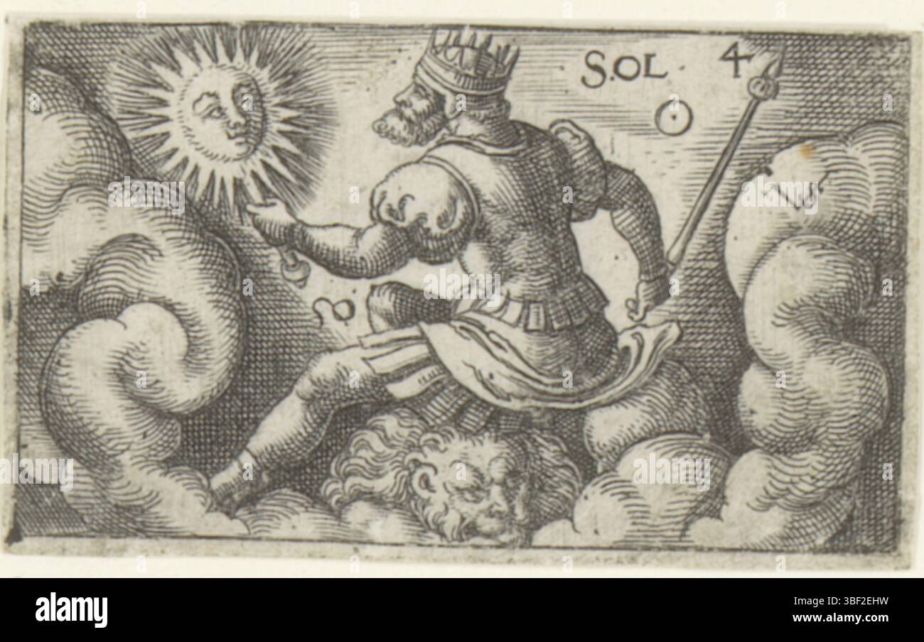 Nürnberg, Solis, Virgil, Personifizierungen von sieben Planeten, die Tag der VIII Planete, Sol, verso - handgeschrieben in brauner Tinte, oben rechts nummeriert: 4., Druck, verso - gestempelt, 54, Höhe 31 mm, Breite 52 mm, Deutsch, 1514 - 1562-08-01, Drucker, 1524 - 1562, Papier, Ätzen, Tellerton Stockfoto