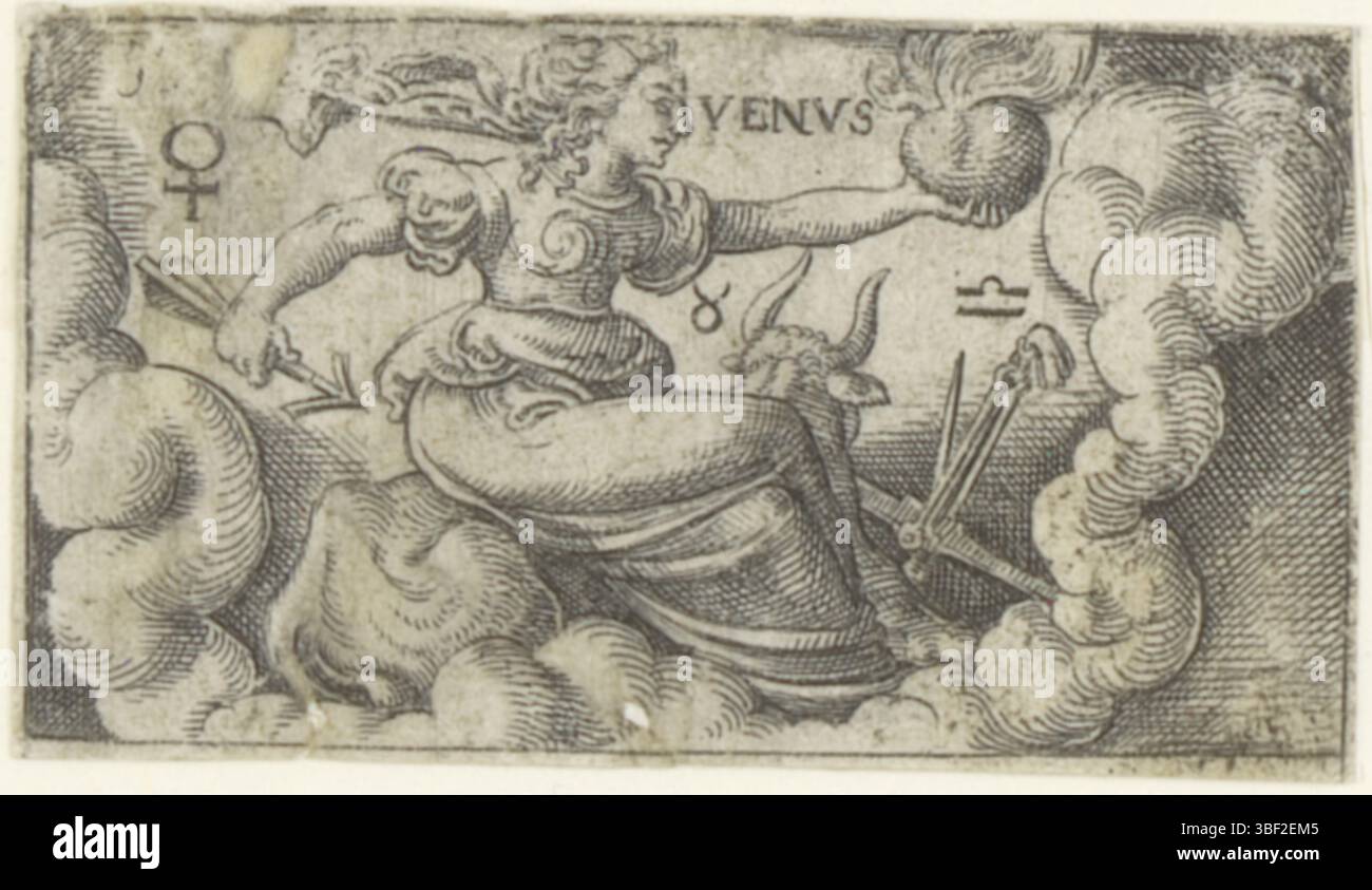 Nürnberg, Solis, Vergil, Personifikationen von sieben Planeten, die Tag der VIII Planete, Venus, verso - gestempelt, nummeriert oben links: 5., Druck, Höhe 29 mm, Breite 51 mm, Deutsch, 1514 - 1562-08-01, Druckmaschine, 1524 - 1562, Papier, Ätzen, Plattenton Stockfoto