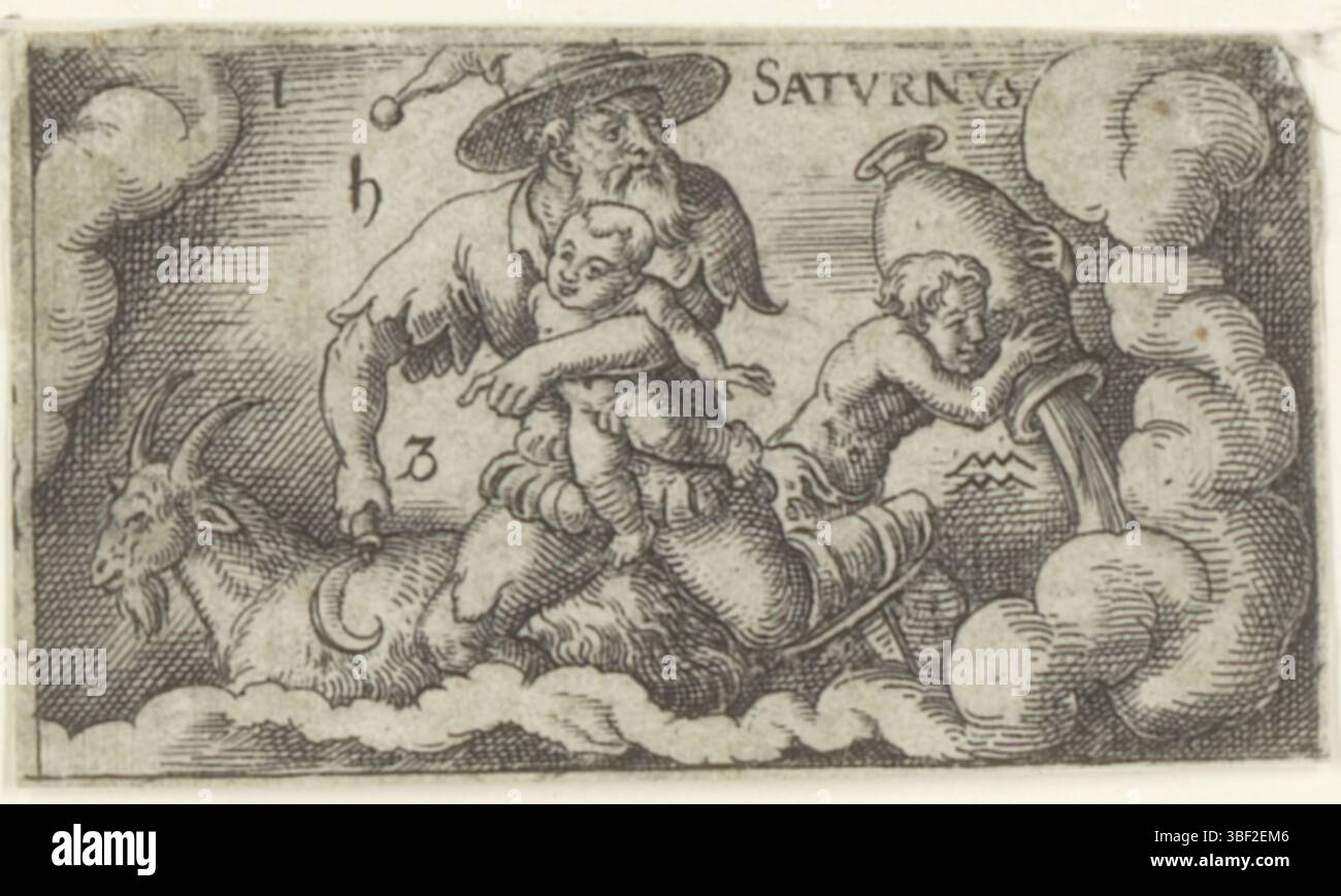 Nürnberg, Solis, Virgil, Personifizierungen von sieben Planeten, die Tag der VIII Planete, Saturn, verso - handgeschrieben in brauner Tinte, nummeriert oben links: 1., Druck, rückseitig - gestempelt, 54, Höhe 30 mm, Breite 52 mm, Deutsch, 1514 - 1562-08-01, Drucker, 1524 - 1562, Papier, Ätzen, Tellerton Stockfoto