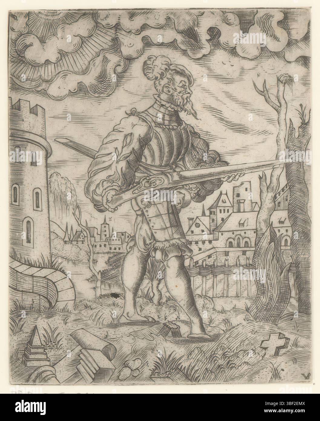 Nürnberg, Solis, Virgilius, Landsknechten, Haakbusschutter, rückseitig - handgeschrieben in brauner Tinte, Druck, rückseitig - gestempelt, 146, Höhe 109 mm, Breite 89 mm, Deutsch, 1514 - 1562-08-01, Drucker, 1524 - 1562, Papier, Gravieren, Druckverfahren, Ätzen, Tellerton“ Stockfoto