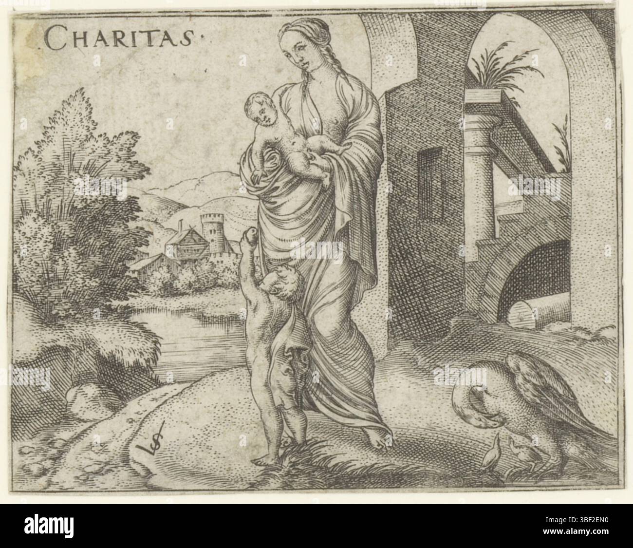 Nürnberg, Solis, Virgil, Persönlichkeiten der Tugenden, Charitas, Love (Caritas), Verso - handgeschrieben in brauner Tinte, Druck, Verso - gestempelt, 60, Höhe 68 mm, Breite 86 mm, Deutsch, 1514 - 1562-08-01, Drucker, 1524 - 1562, Papier, Gravieren, Gravieren (Druckverfahren), Ätzen, Tellerton Stockfoto