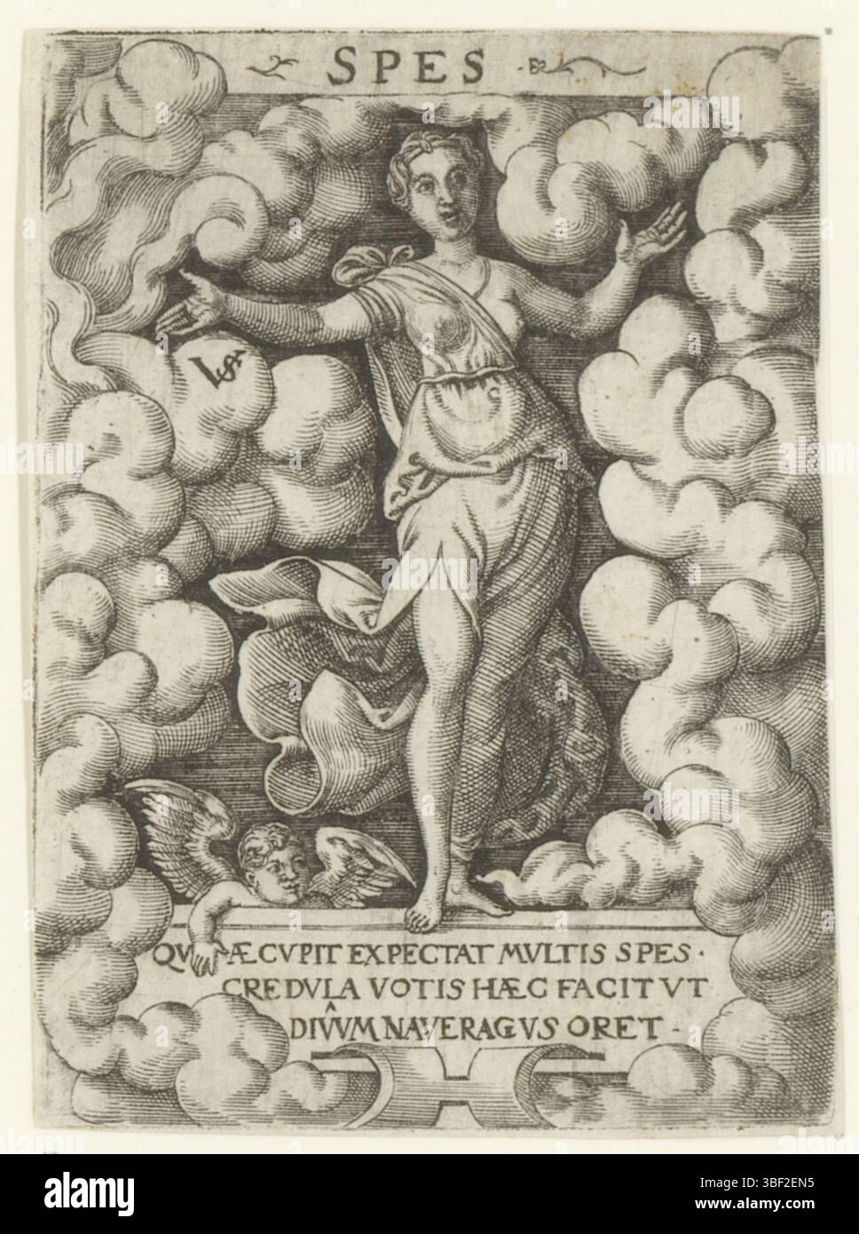 Nürnberg, Solis, Virgil, Personifizierungen der Tugenden, Spes, Hope (Spes), verso - handgeschrieben in brauner Tinte, Druck, verso - gestempelt, 58, Höhe 80 mm, Breite 58 mm, Deutsch, 1514 - 1562-08-01, Drucker, 1524 - 1562, Papier, Gravieren, Gravieren (Druckverfahren), Ätzen, Tellerton Stockfoto