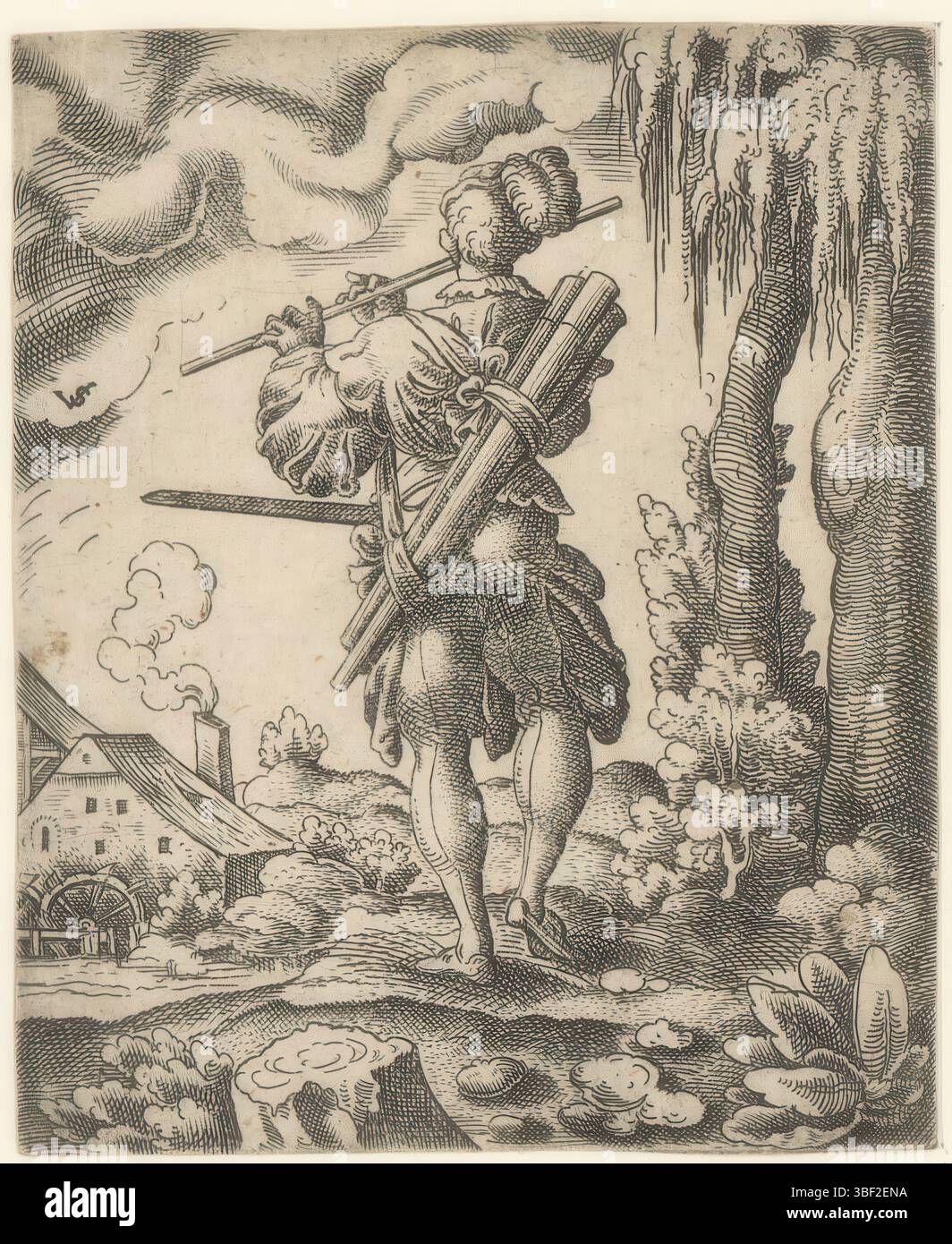 Nürnberg, Solis, Virgilius, Landsknechten, Soldat mit Flöte, rückseitig - handgeschrieben in brauner Tinte, Druck, rückseitig - gestempelt, 146, Höhe 106 mm, Breite 87 mm, Deutsch, 1514 - 1562-08-01, Drucker, 1524 - 1562, Papier, Gravieren, Druckverfahren, Ätzen, Tellerton“ Stockfoto