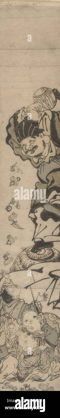 Japan, Shunsho, Katsukawa, Daikoku und drei Jungen, Japan, Daikoku, der Gott des Wohlstands, Juwelen und Münzen, die aus seinem Zaubertopf schütteln, über drei Jungen., Druck, Japan (Sammlung), Höhe 697 mm, Breite 121 mm, Japanisch, 1726 - 1792, Druckmaschine, 1770 - 1780, drittes Viertel 18. Jahrhundert, viertes Viertel 18. Jahrhundert, Papier, Farbholzschnitt, Farbholzschnitt Stockfoto