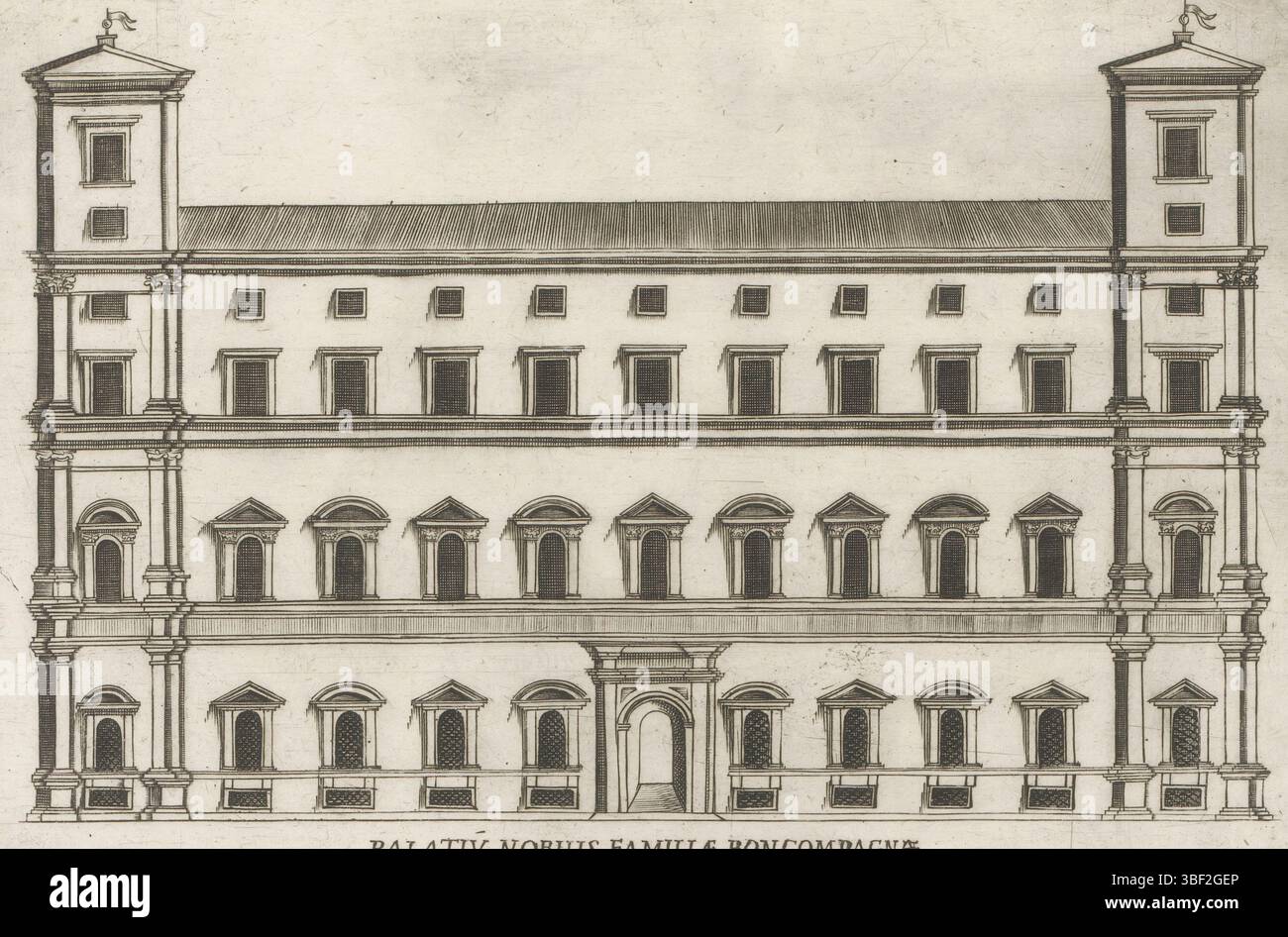 Vatikanstadt, Urbanus VIII, Rom, Rossi, Giovanni Battista de', Italien, Lauro, Giacomo, Magesyn der Italiane Buildings, Palazzi diversi nel' alma cità di Roma, et alt, berühmte Gebäude in Rom und darüber hinaus, Palatiu nobilis familiae bon compagni, Fassade van Palazzo Boncompagni te Rome, der Druck ist Teil eines Albums., Druck, Albumblatt, Drucke, Höhe 180 mm, Breite 240 mm, Italienisch, Druckmaschine, 1638 - 1638, Papier, Ätzen, Blechton, Publikation (Ereignis), Publikation, 1601 - 1678, Herausgeber, 1568 - 1644-0-29, Rek." Stockfoto
