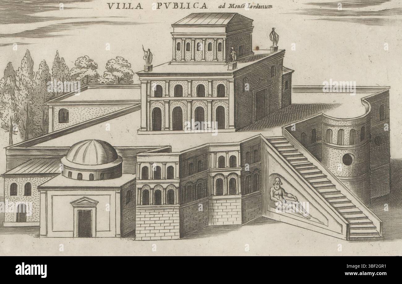 Rom, Mascardi, Giacomo, Rom, Lauro, Magesyn der italienischen Gebäude, Antiquae Urbis Splendor, Antike Denkmäler, Villa Publica ad Monte Lordanum, Villa Publica in Rom, Text in lateinischer Sprache am Rand. Der Druck ist Teil eines Albums., Druck, Albumblatt, Ausdrucke, Höhe 175 mm, Breite 232 mm, Italienisch, Druckmaschine, 1612 - 1628, Papier, Ätzen, 1567 - 1634, Drucker Stockfoto