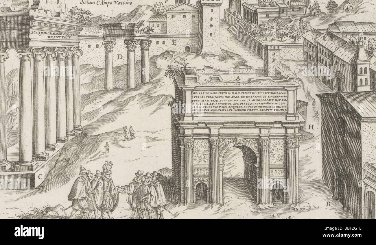 Rom, Mascardi, Giacomo, Rom, Lauro, Magesyn der italienischen Gebäude, Antiquae Urbis Splendor, antike Denkmäler, Vestigia Arcus Septimii Severi, Bogen des Septimius Severus im Forum Romanum, Blick auf das Forum Romanum in Rom, unter Berücksichtigung des Bogens des Septimius Severus. Text in lateinischer Sprache am unteren Rand. Der Druck ist Teil eines Albums., Druck, Albumblatt, Ausdrucke, Höhe 180 mm, Breite 240 mm, Italienisch, Druckmaschine, 1612 - 1628, Papier, Ätzen, 1567 - 1634, Drucker Stockfoto