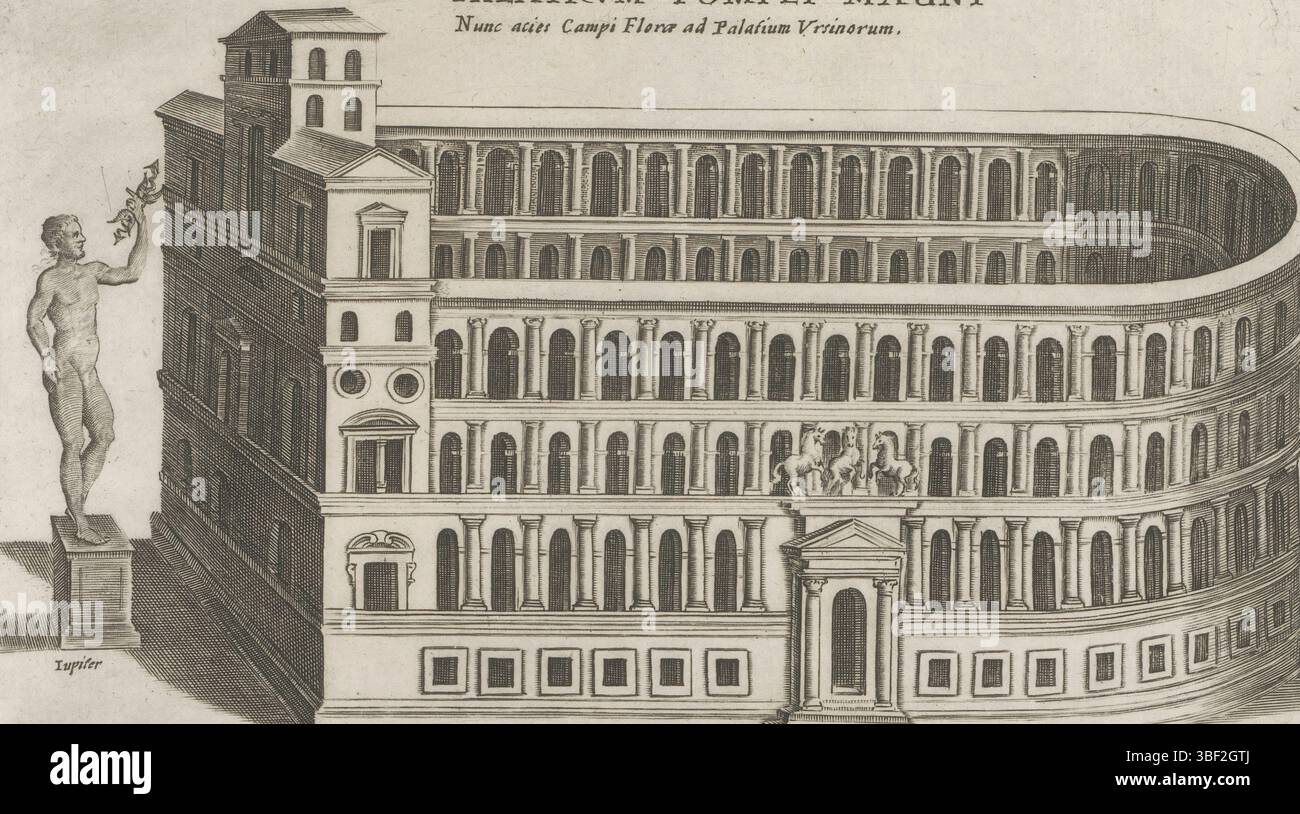 Rom, Mascardi, Giacomo, Rom, Lauro, Magesyn der italienischen Gebäude, Antiquae Urbis Splendor, Antike Denkmäler, Theatrum Pompei Magni Nunc acies Campi Florae ad Palatium Ursinorum, Theater Pompeji in Rom, Text in lateinischer Sprache am Rand. Der Druck ist Teil eines Albums., Druck, Albumblatt, Ausdrucke, Höhe 176 mm, Breite 231 mm, Italienisch, Druckmaschine, 1612 - 1628, Papier, Ätzen, 1567 - 1634, Drucker Stockfoto