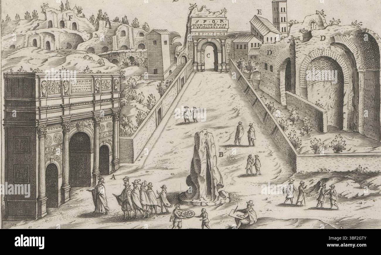 Rom, Mascardi, Giacomo, Rom, Lauro, Magesyn der italienischen Gebäude, Antiquae Urbis Plendor, Antike Denkmäler, Arcus Constanti aliaeq antiquitates prox.mae, Via Sacra in Rom, Blick auf die Via Sacra in Rom, entlang der der Konstantinsbogen, der Tempel der Venus und Roma und andere Ruinen. Text in lateinischer Sprache am unteren Rand. Der Druck ist Teil eines Albums., Druck, Albumblatt, Ausdrucke, Höhe 180 mm, Breite 240 mm, Italienisch, Druckmaschine, 1612 - 1628, Papier, Ätzen, 1567 - 1634, Drucker Stockfoto