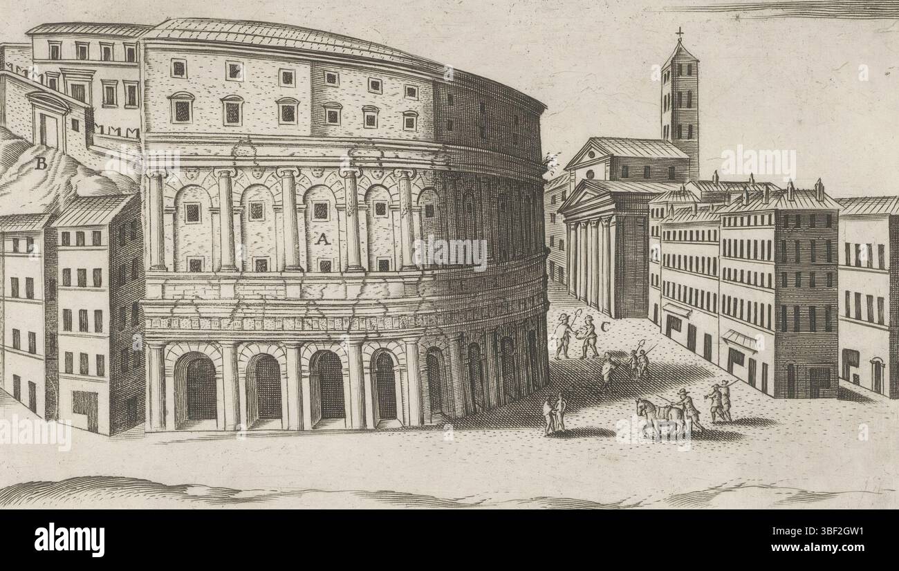 Rom, Mascardi, Giacomo, Rom, Lauro, Magesyn der italienischen Gebäude, Antiquae Urbis Splendor, Antike Denkmäler, Theatrum Marcelli ubi nunc Palatium Sabellorum, Theater des Marcellus in Rom, Text in lateinischer Sprache am Rand. Der Druck ist Teil eines Albums., Druck, Albumblatt, Ausdrucke, Höhe 180 mm, Breite 240 mm, Italienisch, Druckmaschine, 1612 - 1628, Papier, Ätzen, 1567 - 1634, Drucker Stockfoto