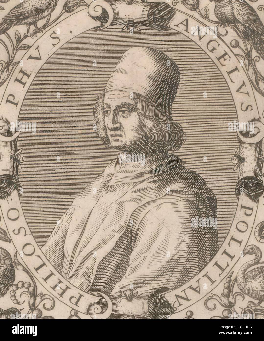 Unbekannt, Frankreich, Boissard, Robert, Serie Porträts von Gelehrten des 15. Und 16. Jahrhunderts, Angelus Politian' Philosoph., Porträt von Angelo Poliziano, unbekannt, rückseitig - gestempelt, rechts unten nummeriert Ccc3., Druck, Höhe 144 mm, Breite 112 mm, 1570 - 1611, Druckerei, 1597 - 1599, Papier, Gravur, Druckverfahren, Drucker Stockfoto