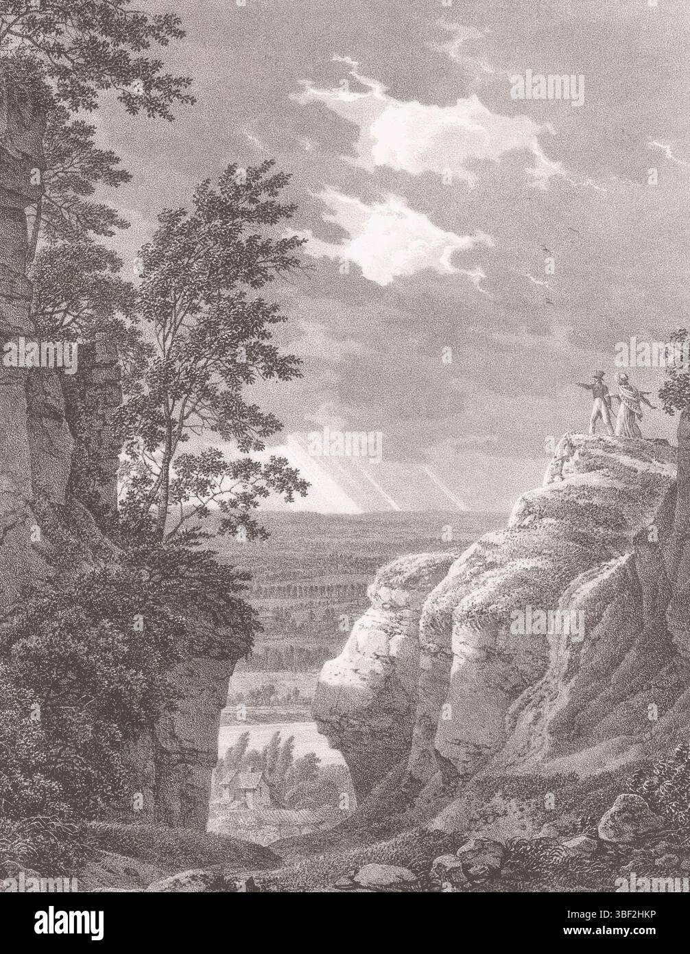 Paris, Schurke, Jean-Francois, Sèvres, Bacler d'Albe, Louis Albert, Promenades pictques et lithographiques dans Paris et ses environs, malerische Gesichter auf Paris und Umgebung, Les Roches de Montalet, zwei Figuren auf einem Felsen in der Domaine des Montalais, Paris, Druck, Höhe 427 mm, Breite 274 mm, 1761 - 1848, Druckerei, 1822 - 1824, Papier, Lithografie (technisch), Französisch, 1790, Drucker Stockfoto