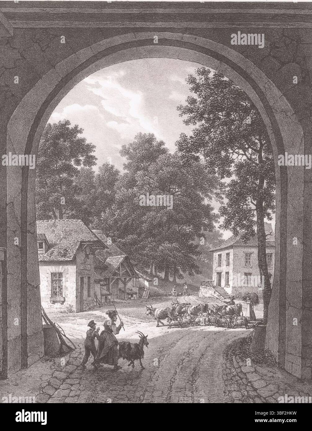 Paris, Schurke, Jean-Francois, Sèvres, Bacler d'Albe, Louis Albert, Promenades malaysiques et lithographiques dans Paris et ses Environs, malerische Gesichter auf Paris und Umgebung, Ferme du Parc de Bellevue, Bauernhof im Parc de Bellevue bei Meudon, Paris, Ziegen, Schafe und Kühe werden auf dem Weg entlang des Bauernhofs gesammelt., Druck, Höhe 427 mm, Breite 273 mm, 1761 - 1848, Druckmaschine, 1822 - 1824, Papier, Lithografie (technisch), Französisch, 1790, Drucker Stockfoto