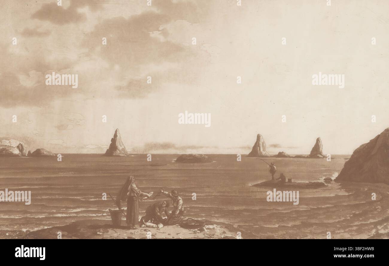 Houel, Jean Pierre Louis Laurent, Houel, Voyages malerisch des Isles de Sicile, de Malte et de Lipari, Präsentationen von Sizilien, Malta und Lipari, Vue Générale des Ecueils des Ciclopes, appleés Farailloni au Port de la Trizza, Gesicht auf der Faraglioni, verso - gestempelt, oben rechts nummeriert: PL. CVII., bedruckt, Höhe 262 mm, Breite 377 mm, 1735-06 - 1813-11-14, Drucker, 1782 - 1787, Papier, Aquatint, Ätzen, Arbeitskonzeption nach seinem eigenen Entwurf Stockfoto