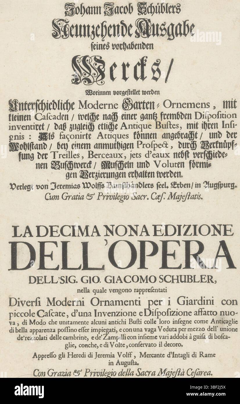 Hofgericht, Augsburg, Wolf, Erben Jeremiahs, Johann Jacob Schüblers Neunzehende Ausgabe seines vorhabenden Wercks, Winnen vorgestellet waren unterschiedliche Moderne Garten-Ornemens, rückseitig gestempelt, Titel und Beschreibung der Serie in Deutsch und Italienisch., Druck, Ornamentdrucke, Drucke, Höhe 293 mm, Breite 194 mm, Publikation (Event), Publikation, Deutsch, Verlag, 1724 - 1724, Papier, Buchdruck, Lieferant von Privilegien Stockfoto