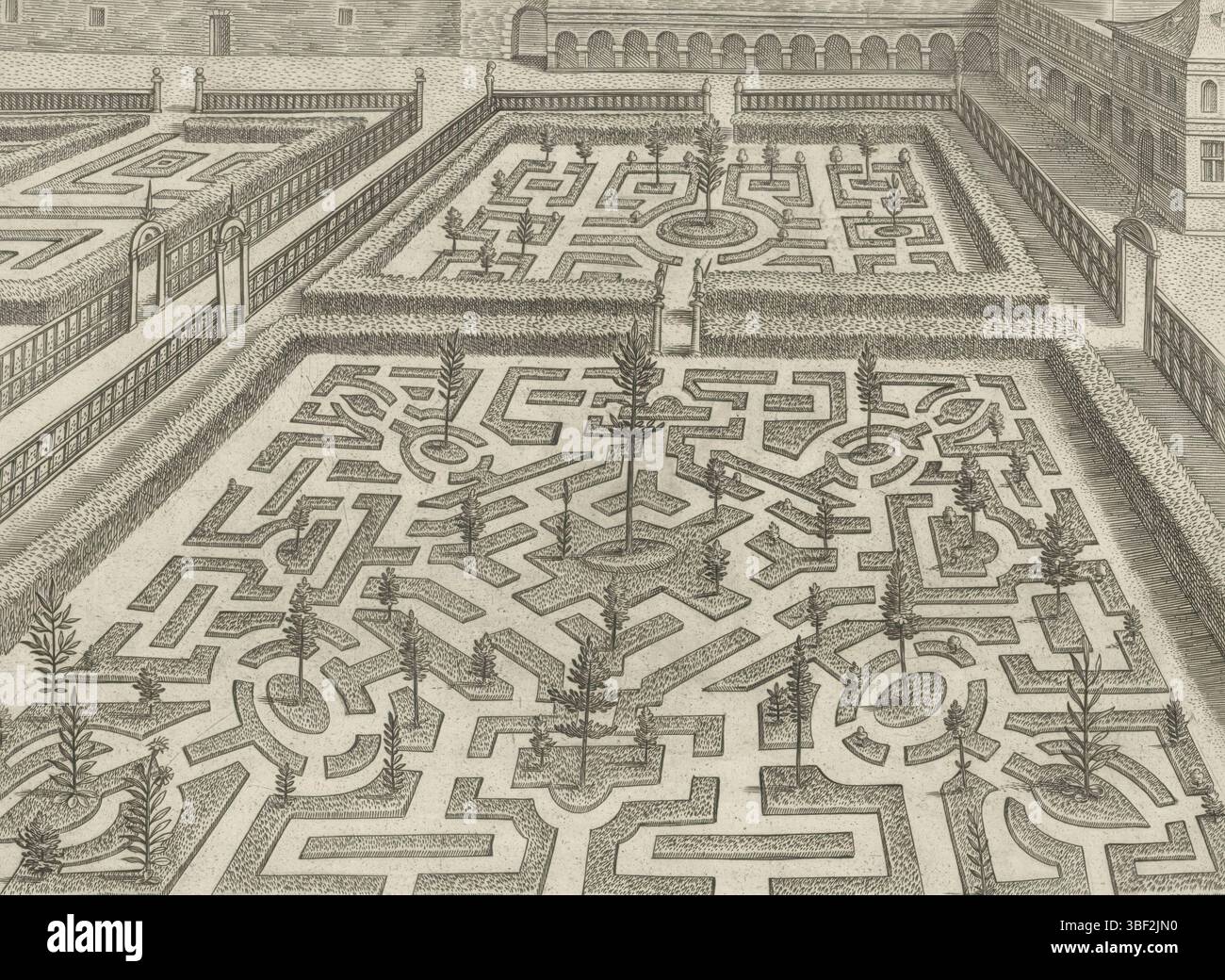 Antwerpen, Galle, Joannes, Vredeman de Vries, Hans, Hortorum Viridariorumque, Gartenentwürfe im Zusammenhang mit den dorischen, ionischen und korinthischen Bauordnungen, Dorica, Garten mit zentralem Parterre mit Bäumen und Sträuchern, Antwerpen, verso-gestempelt, Garten mit zentralem Parterre. Der Garten ist nach dorischer Bauordnung gestaltet., Druck, Höhe 192 mm, Breite 248 mm, Zuid-Nederlands, 1527 - 1607, fortgeschrittener Zeichner, nach Zeichnung, 1583 - 1583, Papier, Ätzen, Printmaker, Publikation (Event), Publikation, 1600 - 1676-09-20, Herausgeber Stockfoto