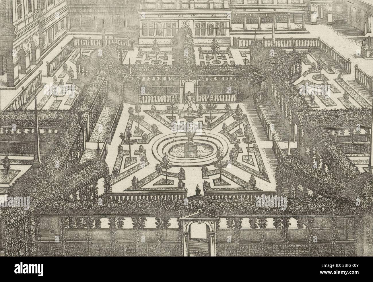 Antwerpen, Galle, Joannes, Vredeman de Vries, Hans, Hortorum Viridariorumque, Gärten, Garten mit zentralem Parterre mit Springbrunnen in der Mitte, Antwerpen, verso - gestempelt, Garten mit Parterre umgeben von überdachten Korridoren mit Bars. In der Mitte ein Brunnen., Druck, Höhe 181 mm, Breite 247 mm, Arbeitskonzept, Zuid-Nederlands, 1527 - 1607, nach Entwurf, 1587 - 1587, Papier, Ätzen, Printmaker, Publikation (Event), Publikation, 1600 - 1676-09-20, Herausgeber Stockfoto