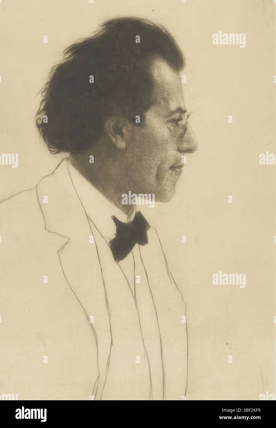 Orlik, Emil, Porträt von Gustav Mahler, gerade unten - handgeschrieben mit Bleistift, Druck, rückwärts - gestempelt, rückwärts links - handgeschrieben mit Bleistift, Orlik 1902, Höhe 293 mm, Breite 199 mm, Deutsch, Tschechisch, 21.07.1870 - 28.09.1932, Druckerei, 1902 - 1902, Papier, Ätzen, trockene Nadel, Roulette, Tellerton Stockfoto