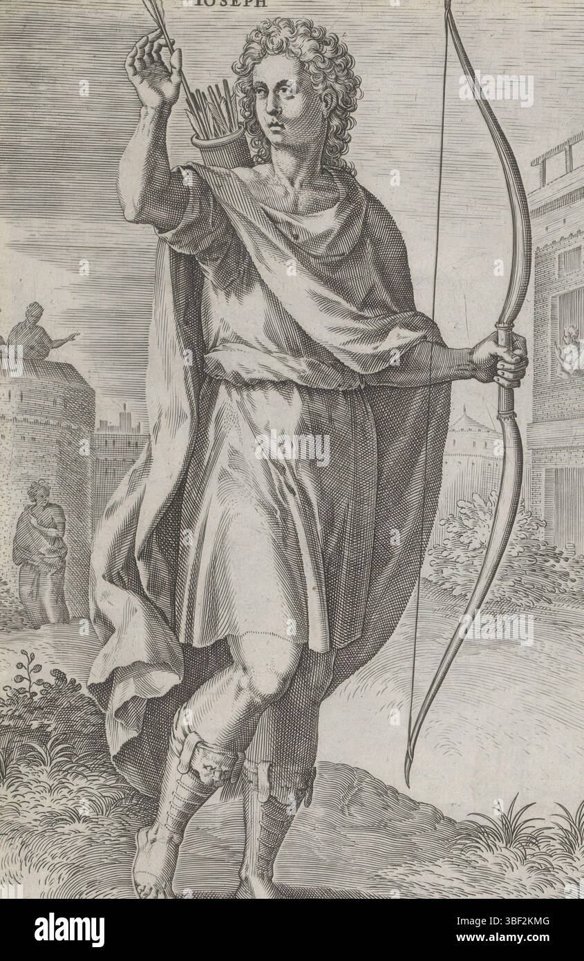 Amsterdam, Visscher, Claes Jansz. II) Broeck, Crispijn van den, Antwerpen, Sadeler, Johann (I), Theatrum Biblicum hoc Est Historiae Sacrae Veteris et Novi Testamenti Tabulis Aeneis Expressae, die zwölf Gründungsväter Israels, Stamvaders Jozef und Benjamin, Amsterdam, Antwerpen, linker Vorfahr Joseph, elfter Sohn Jakobs. Joseph hält einen Bogen und zieht einen Pfeil aus einem Rohr auf seinem Rücken. Vater der rechten Hand, Benjamin, der zwölfte und letzte Sohn Jakobs. Neben Benjamin verschlingt ein Wolf ein Schaf, was Benjamin als „gerissener Wolf“ bezeichnet. Unter den Darbietungen findet sich eine lateinische Referenz auf t Stockfoto