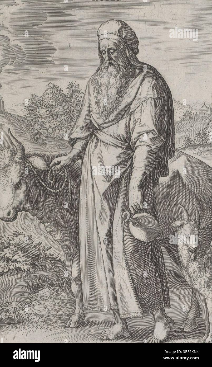 Amsterdam, Visscher, Claes Jansz. II) Broeck, Crispijn van den, Antwerpen, Sadeler, Johann (I), Theatrum Biblicum hoc Est Historiae Sacrae Veteris et Novi Testamenti Tabulis Aeneis Expressae, die zwölf Gründungsväter Israels, Stamvaders Ruben und Simeon, Amsterdam, Antwerpen, hinterließen Stammesvater Ruben, den ältesten Sohn Jakobs, in einer Landschaft mit Kuh und Ziege neben ihm. In seiner linken Hand ein Krug. Und Simeon, der zweite Sohn Jakobs, des Vaters der Rechten, in Rüstung in einer Landschaft. Hinter ihm liegen die Leichen von Sichem und zwei seiner Männer, die Simeon zusammen mit Levi in Reve getötet hatte Stockfoto