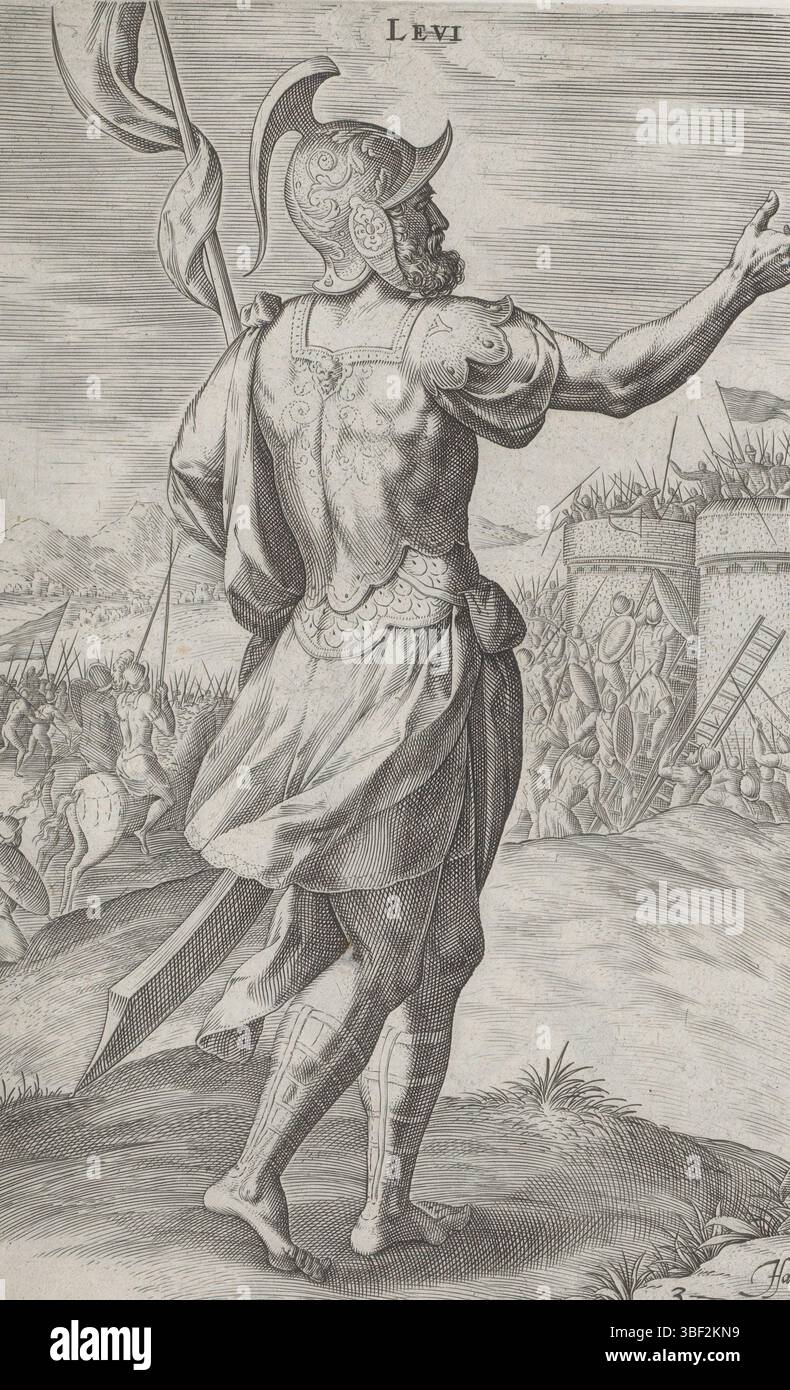 Amsterdam, Visscher, Claes Jansz. II) Broeck, Crispijn van den, Antwerpen, Sadeler, Johann (I), Theatrum Biblicum hoc Est Historiae Sacrae Veteris et Novi Testamenti Tabulis Aeneis Expressae, die zwölf Gründungsväter Israels, Stamvaders Levi und Juda, Amsterdam, Antwerpen, hinterließ den Vorfahren Levi, den dritten Sohn Jakobs, in Rüstung. Im Hintergrund stand die Belagerung der Stadt Sichem, die Levi und Simeon als Rache für die Entehrung ihrer Schwester Dina zerstörten. Und Juda, der vierte Sohn Jakobs, der Vater des rechten Vaters, mit Rüstung. An seiner Seite ein Löwe, ein Hinweis auf die Vergleichs Stockfoto